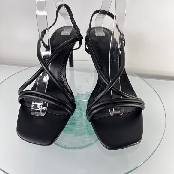 BP Billy Strappy Heel Sandals Black Faux Leather Back Strap Open Toe - Picture 2 of 4